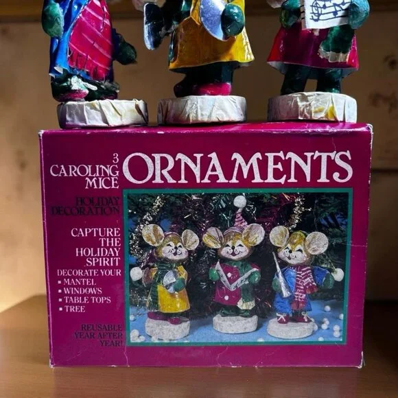 3 Vintage Kitschy Caroling Mice Ornaments in Original Box Christmas Decor - Picture 2 of 11